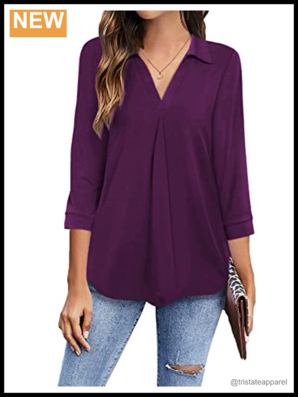 Womens 3/4 Sleeve V-Neck Collared Blouse Business Casual